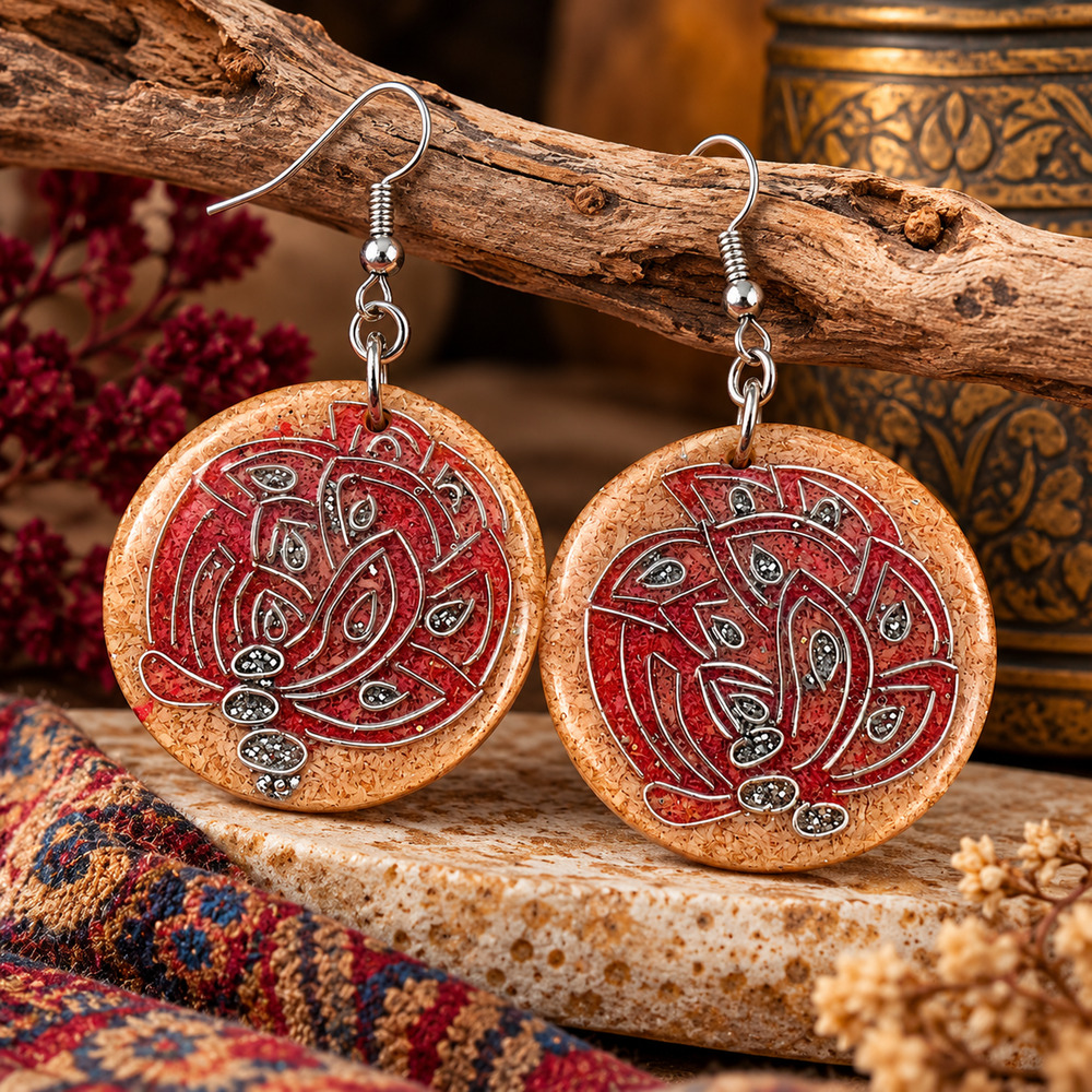 Y2K Artisan Resin Disc Earrings Silver Tone Inlay Abstract Dangle Pierced Disc